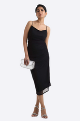 Black Draped Strappy Midi Dress with Side Slit